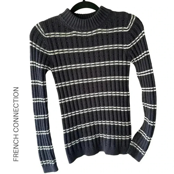 NWOT | COTTON & WOOL BLEND NAVY STRIPE MOCK TURTLENECK SWEATER LONG SLEEVE | XS - Picture 1 of 6